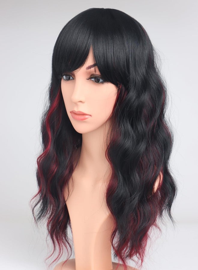 SYMEIW Burdundy-Black Hair Wavy Wigs With Bangs For Women Synthetic Black Hair With Red Undertones Wigs For Daily Use Everyday Wear. - Image 2